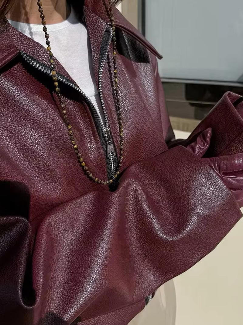 Bordeaux Red Leather Women's Jacket with Zipper – Alessia