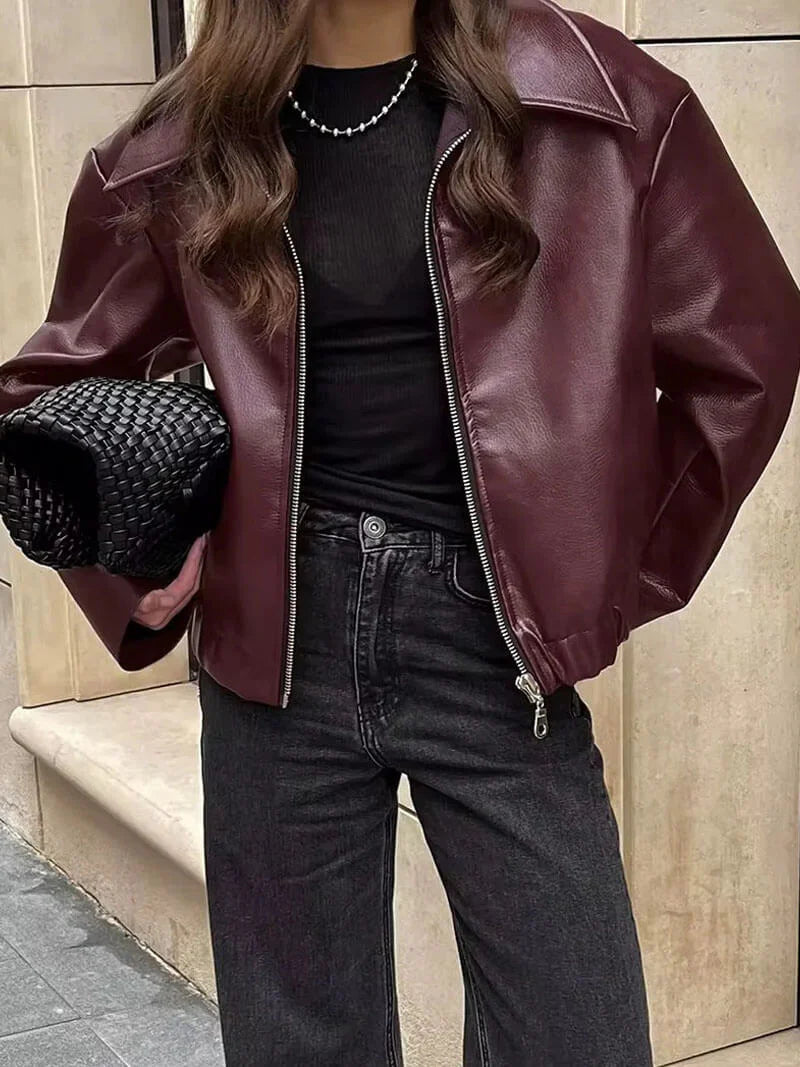 Bordeaux Red Leather Women's Jacket with Zipper – Alessia