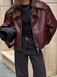 Bordeaux Red Leather Women's Jacket with Zipper – Alessia