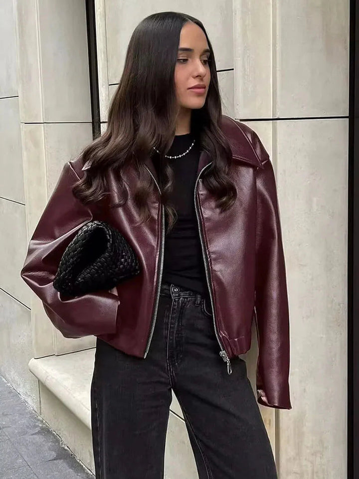 Bordeaux Red Leather Women's Jacket with Zipper – Alessia
