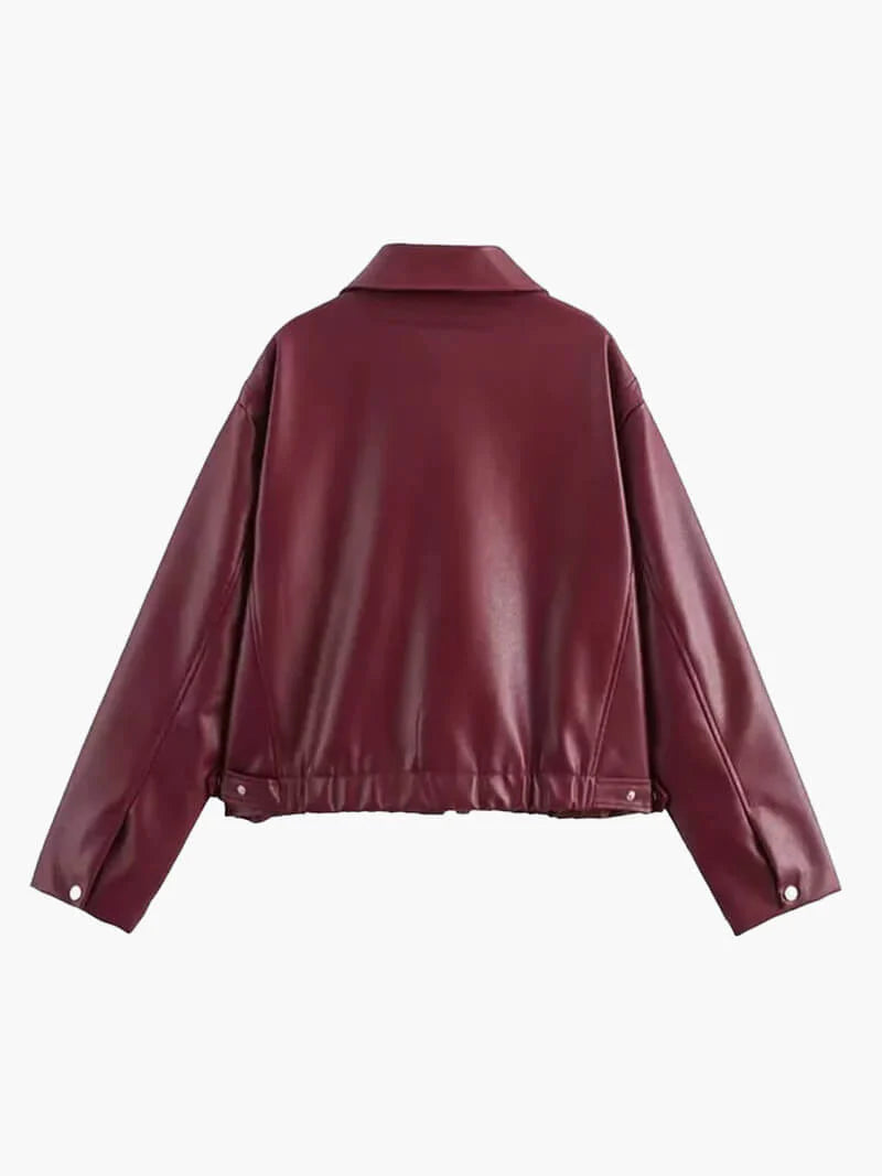 Bordeaux Red Leather Women's Jacket with Zipper – Alessia
