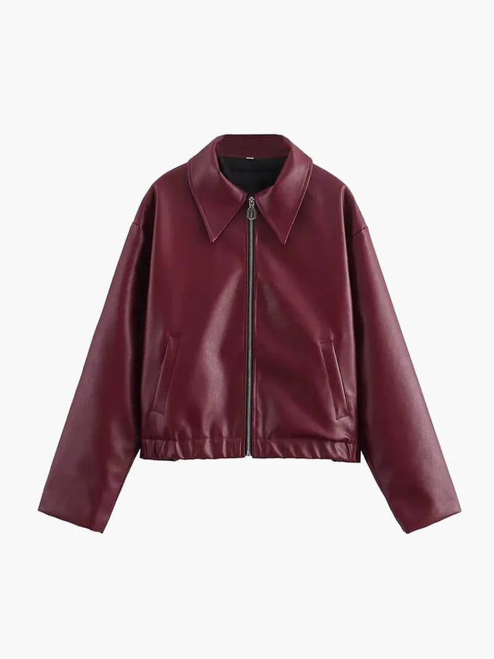 Bordeaux Red Leather Women's Jacket with Zipper – Alessia
