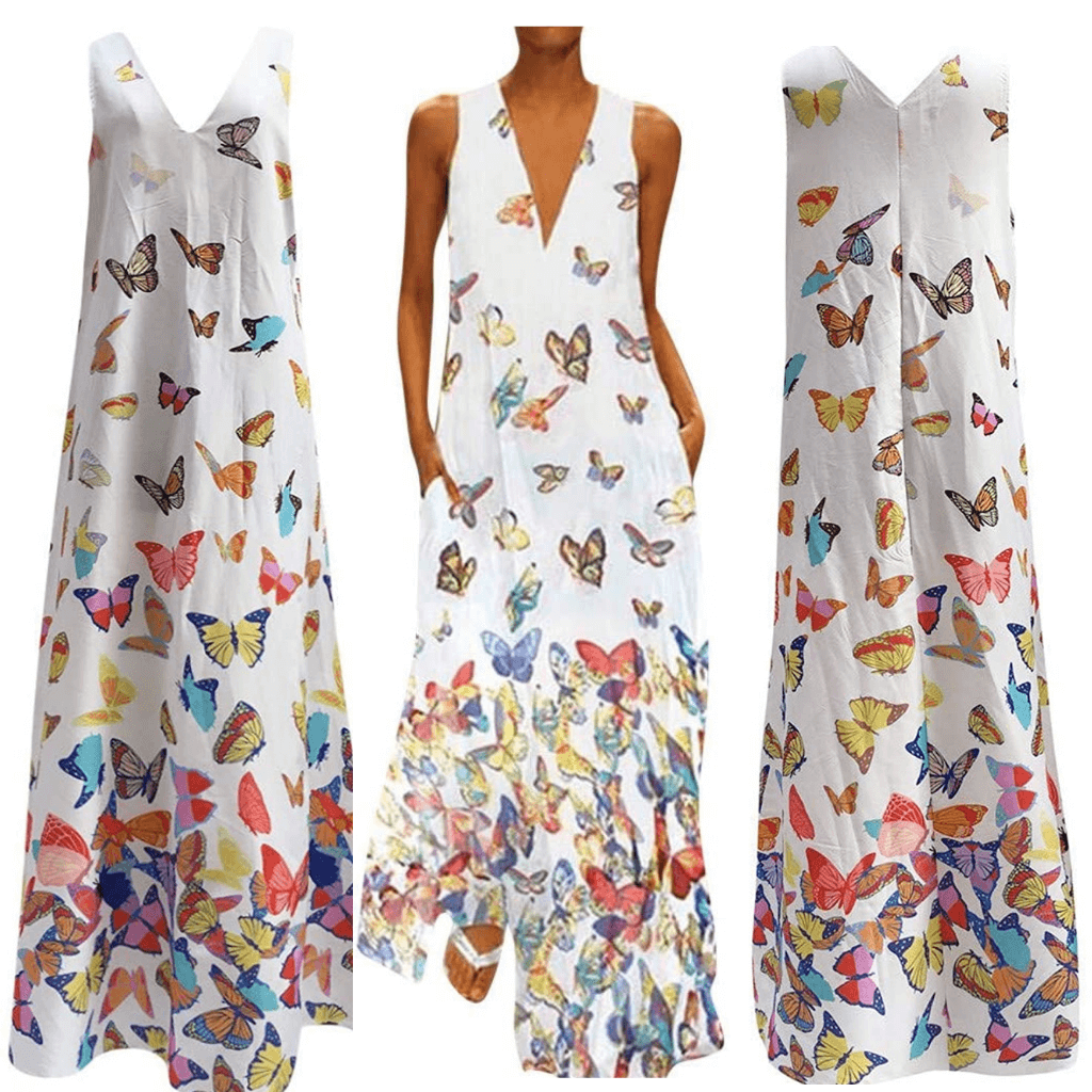 Vestido maxi de verano sin mangas a la moda con estampado de mariposas – Malia