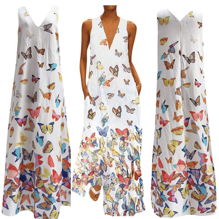 Vestido maxi de verano sin mangas a la moda con estampado de mariposas – Malia