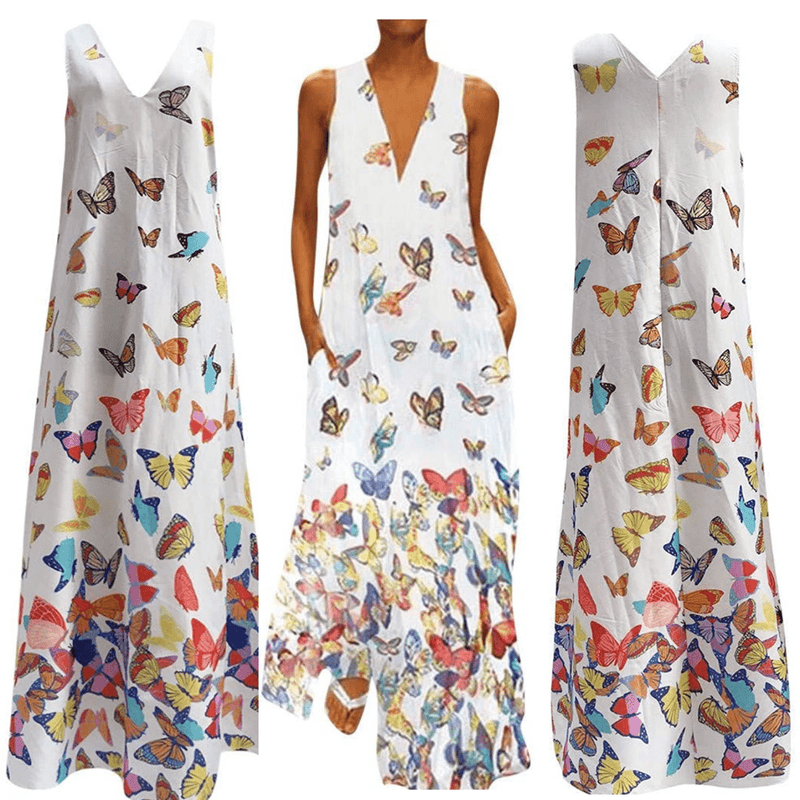 Vestido maxi de verano sin mangas a la moda con estampado de mariposas – Malia