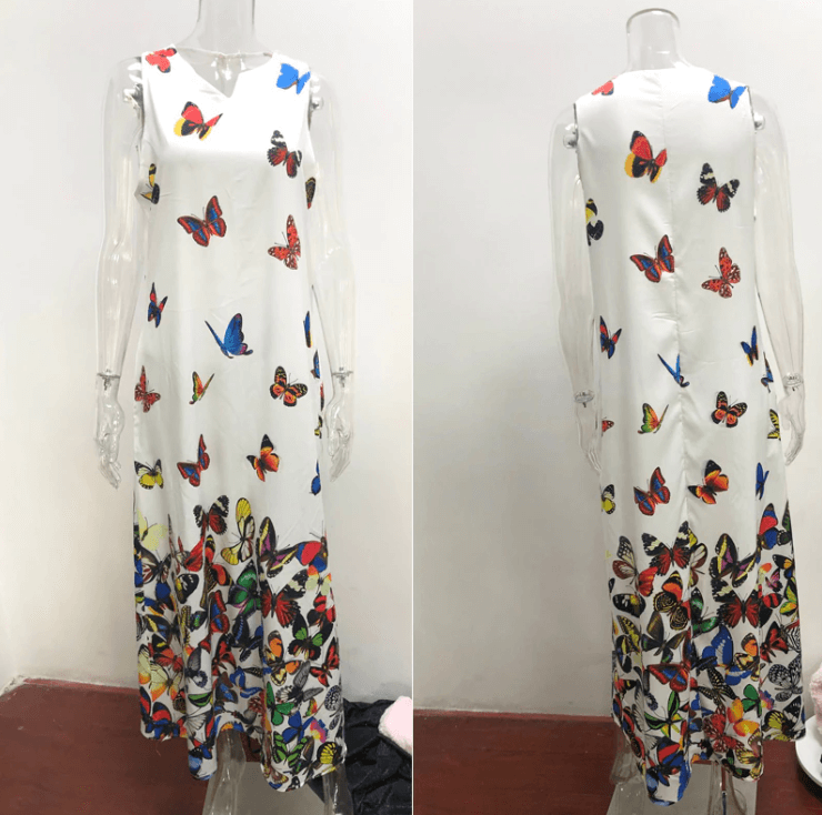 Vestido maxi de verano sin mangas a la moda con estampado de mariposas – Malia