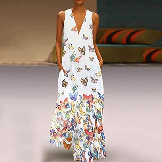 Vestido maxi de verano sin mangas a la moda con estampado de mariposas – Malia