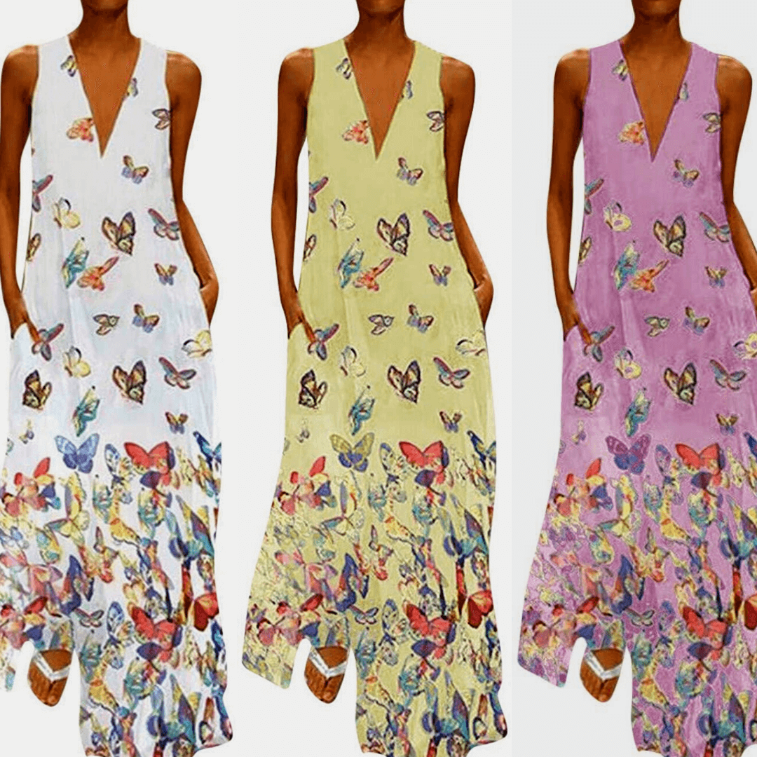Vestido maxi de verano sin mangas a la moda con estampado de mariposas – Malia