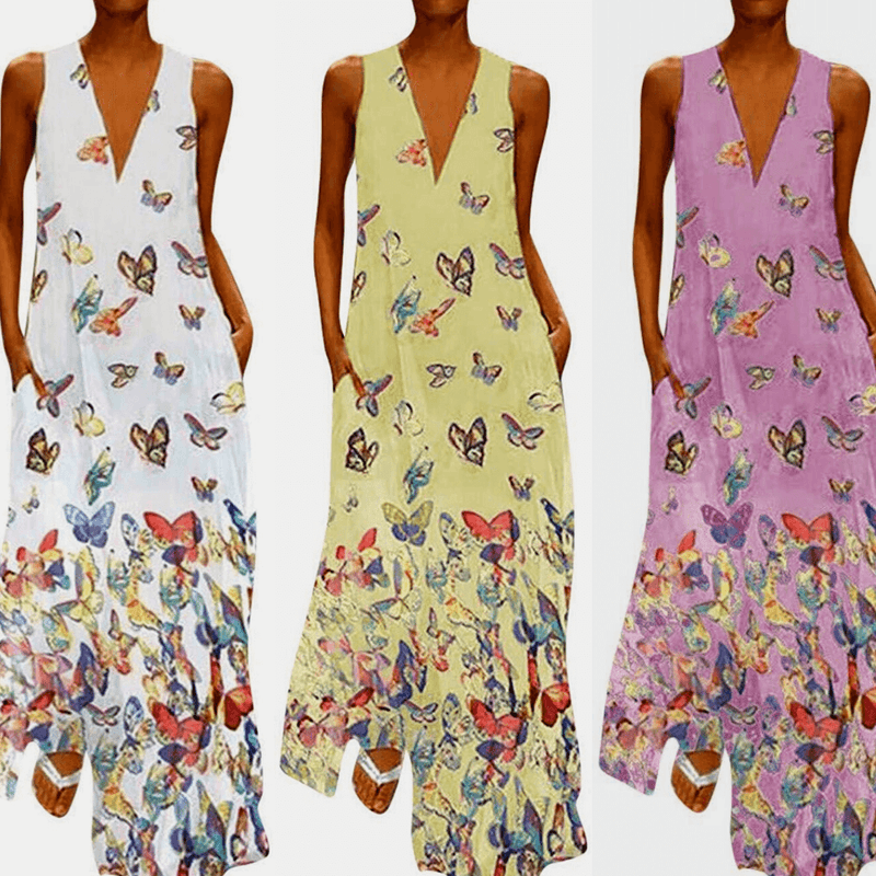 Vestido maxi de verano sin mangas a la moda con estampado de mariposas – Malia
