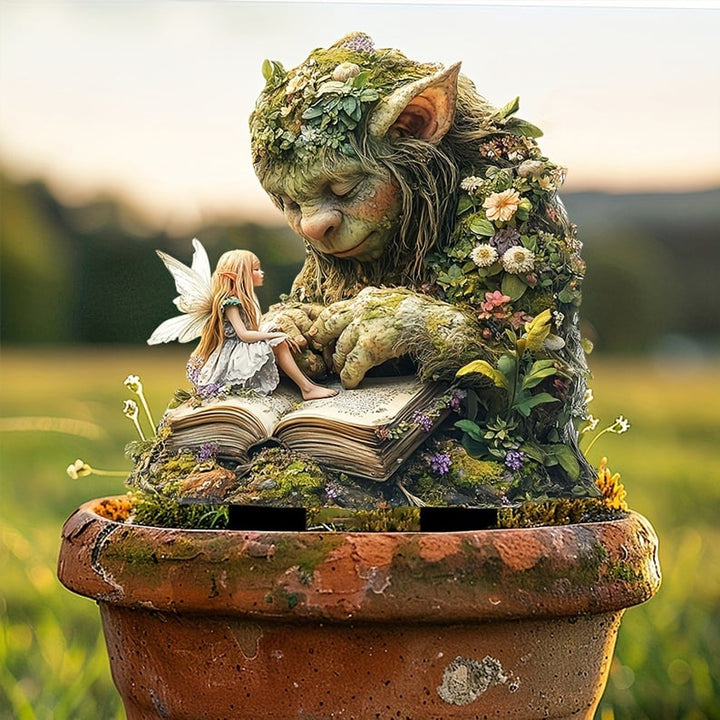 Moos-Troll mit Elfe auf dem Buch, in einem alten Terrakotta-Topf mit Moos vor Wiese im Abendlicht. 11
