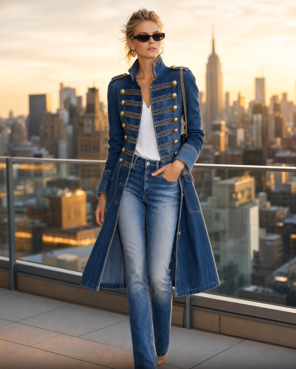 Model in blauem Militärmantel mit Sonnenbrille auf einer Dachterrasse bei Sonnenuntergang, Skyline der Stadt im Hintergrund. 3
