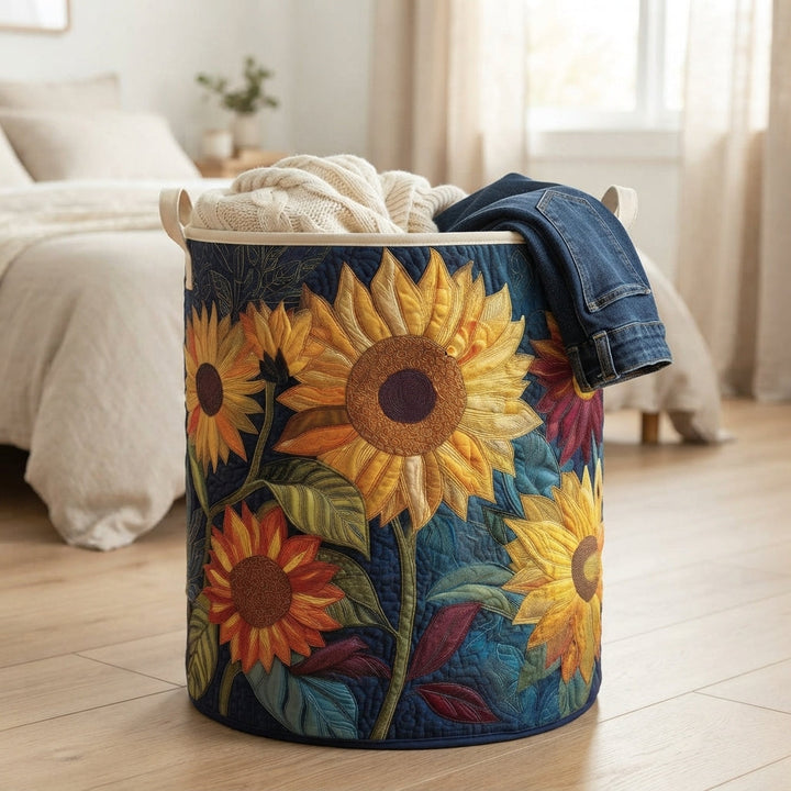 Der Korb mit Sonnenblumenmotiv steht im Schlafzimmer auf Holzboden und enthält eine Strickdecke sowie eine Jeans. 4