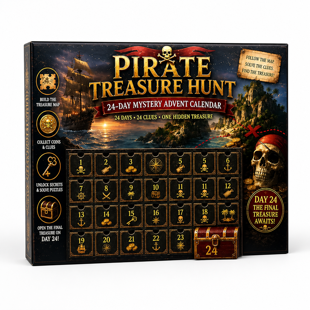 Piraten-Schatzsuche-Schachtel mit Segelschiff, Totenkopf und Insel; unten schwarze Türchen mit Goldsymbolen und einer kleinen Schatztruhe als Türchen 24. 8