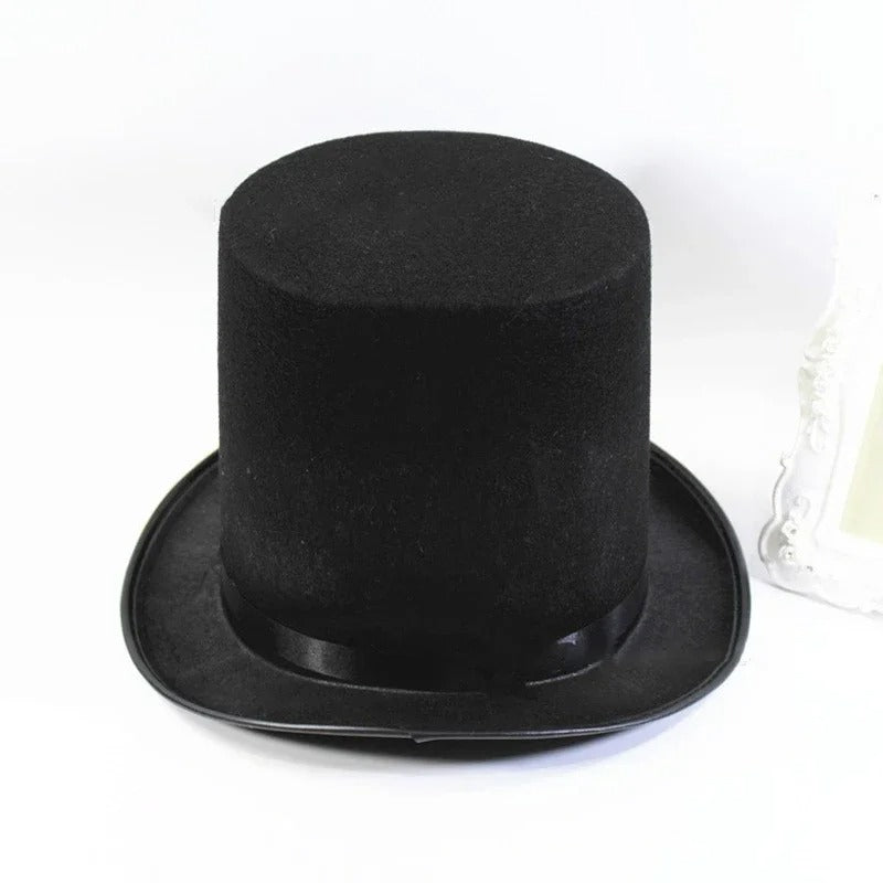 Schwarzer Zylinderhut aus Filz, klassisch, elegant, für formelle Anlässe, Herrenmode.