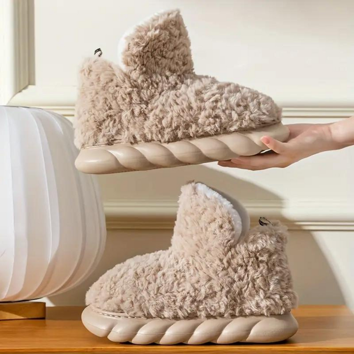 Plüsch-Hausschuhe beige, flauschig, rutschfeste Sohle, gemütlich, Damenmode, Winterwärme