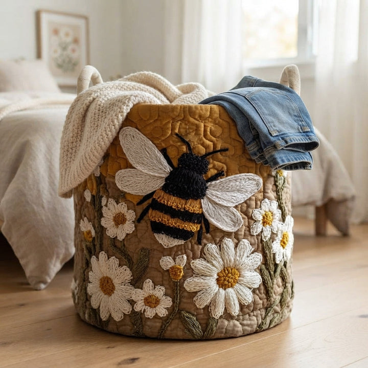 Der Korb steht im Schlafzimmer neben dem Bett, gefüllt mit einer cremefarbenen Strickdecke und einer darüber hängenden Jeans. 6