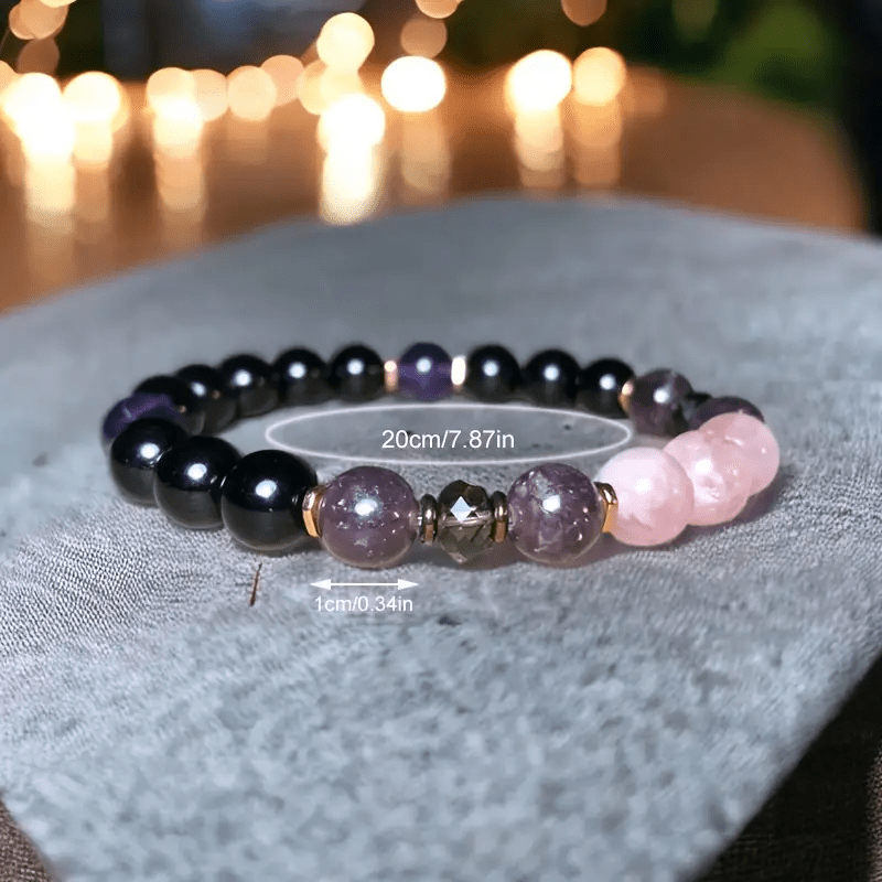 Pulsera de cuentas de 8 mm de cuarzo rosa, obsidiana y amatista - Aurora