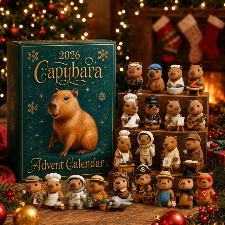 Box und alle Kapybara-Figuren in Berufs- und Fantasiekostümen auf Holzstufen, umgeben von Weihnachtsdeko, Nikolausstrümpfen und Kaminfeuer. 6