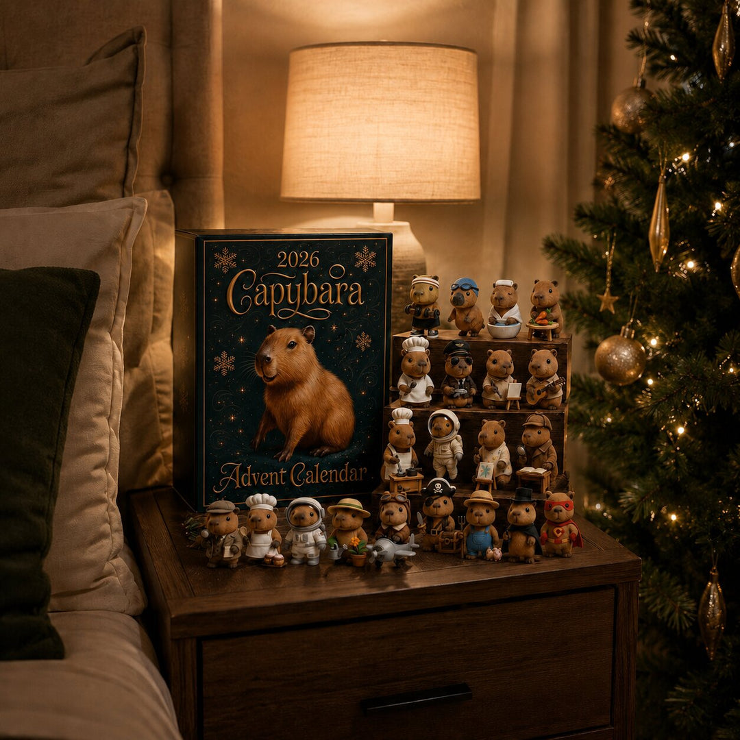 Box und stufenweise aufgestellte Kapybara-Figuren auf einem Nachttisch neben Bett, Lampe und beleuchtetem Weihnachtsbaum in warmem Licht. 5