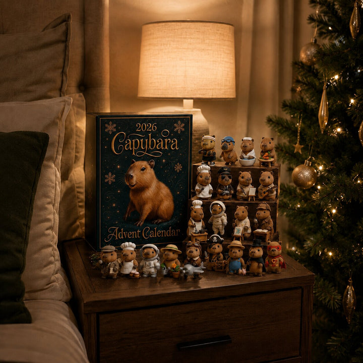 Box und stufenweise aufgestellte Kapybara-Figuren auf einem Nachttisch neben Bett, Lampe und beleuchtetem Weihnachtsbaum in warmem Licht. 5