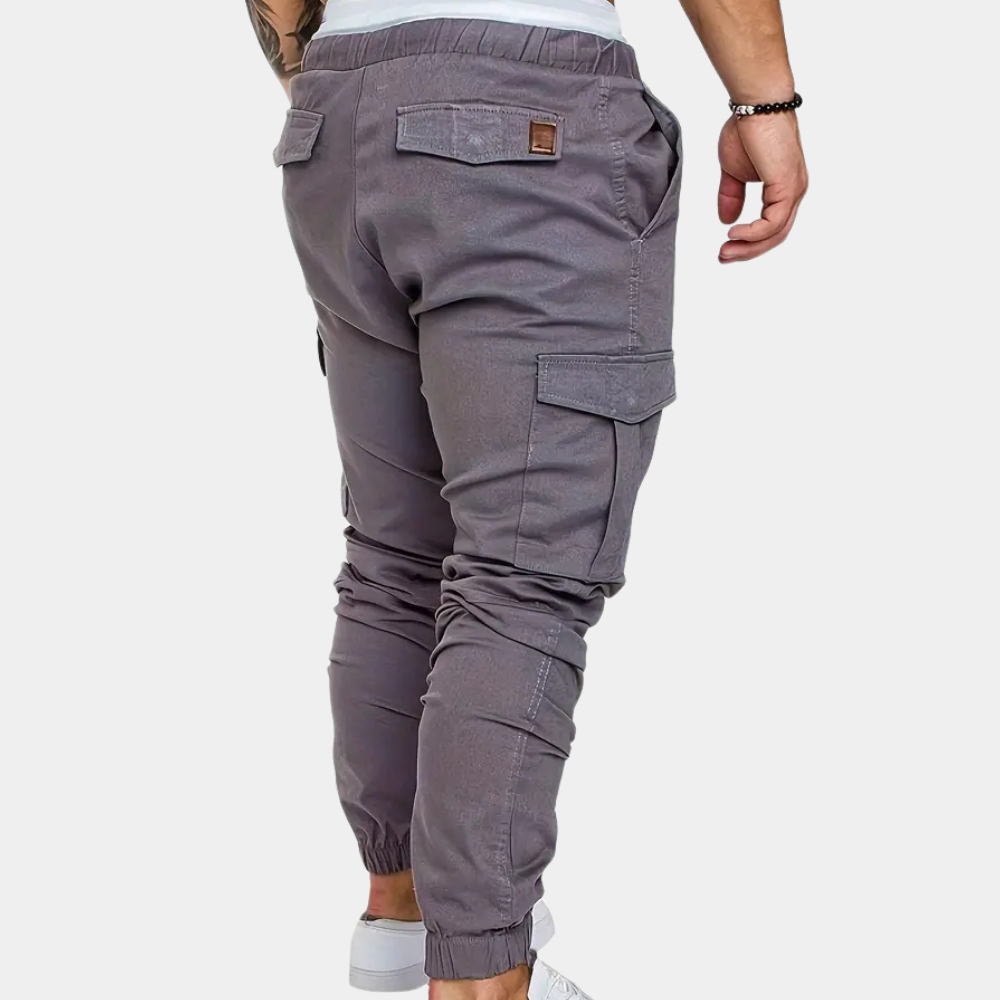 Graue Herren-Cargohose, elastischer Bund, Taschen, Freizeitmode, Baumwolle.