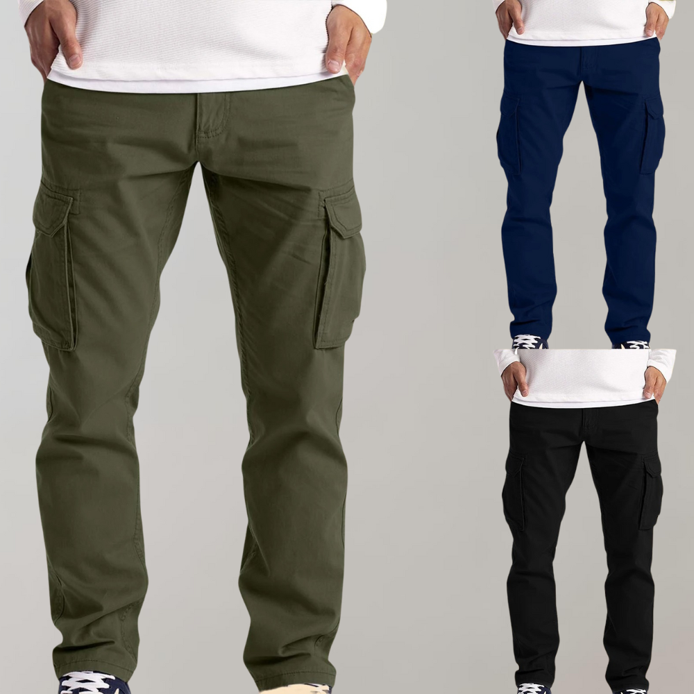 Drei Herren-Cargohosen in Olivgrün, Marineblau und Schwarz, Baumwolle, lässiger Stil.