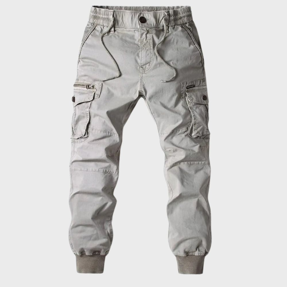 Hellgraue Cargo-Jogginghose für Herren, Baumwolle, elastischer Bund, Taschen, Freizeitmode.