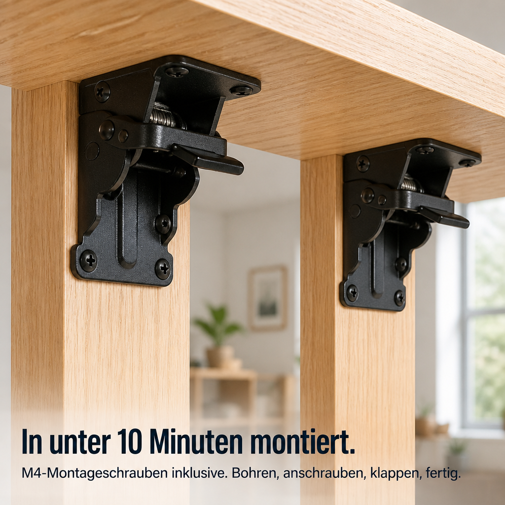Zwei schwarze Halterungen mit sichtbaren Schrauben, montiert zwischen Holzbeinen und Tischplatte, im Hintergrund ein heller Wohnraum. 7
