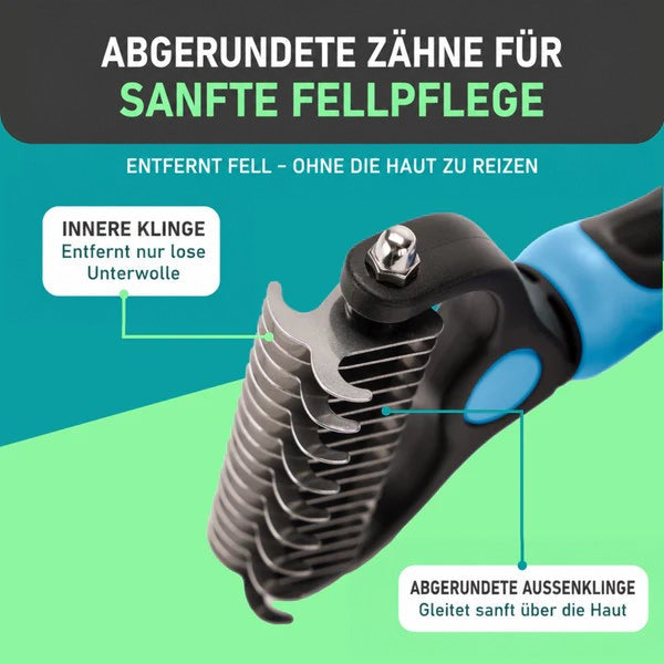Nahaufnahme des Rechenkopfs mit abgerundeten Metallzinken, die innere und äußere Klinge sind beschriftet, Griff in Blau und Schwarz. 3
