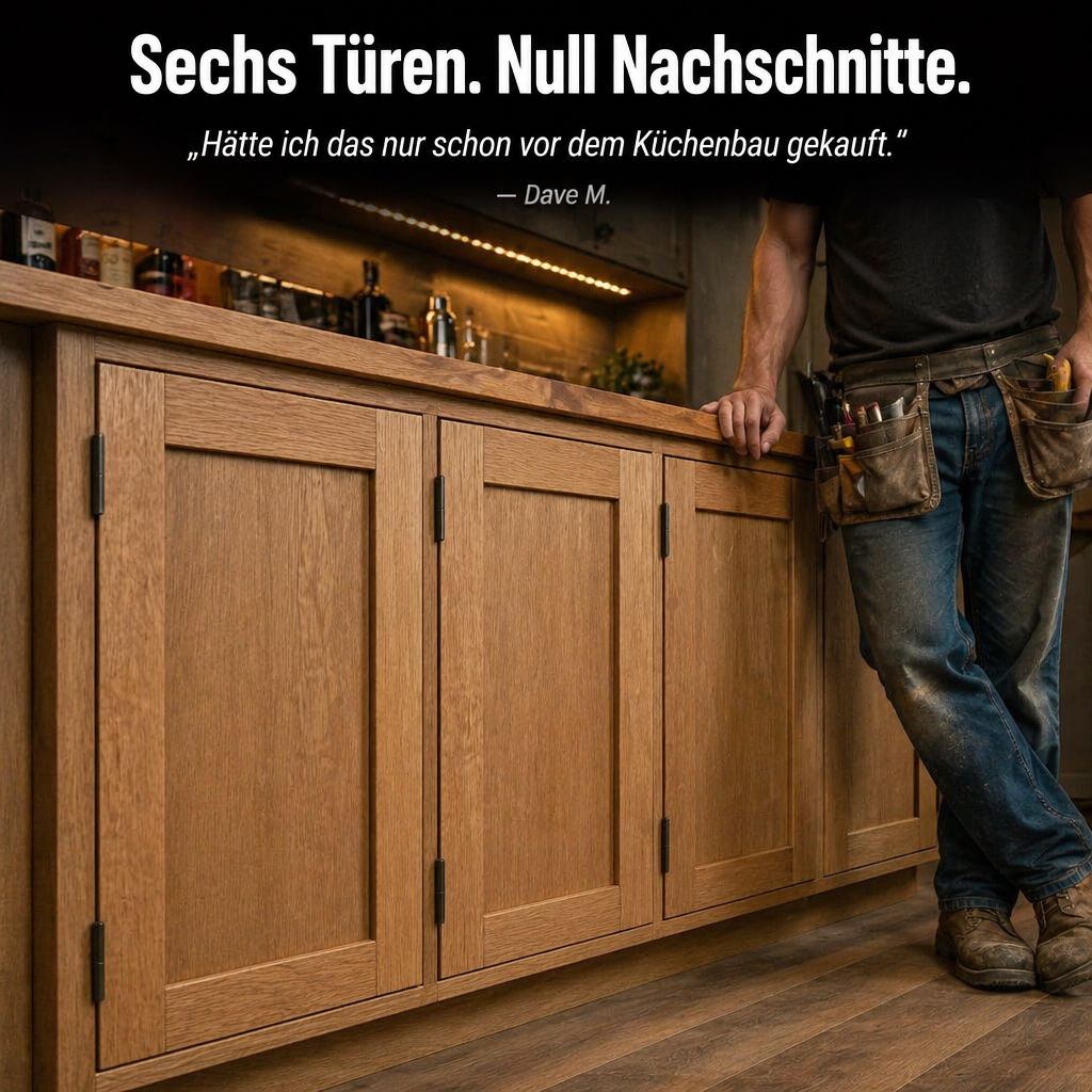 Fertige Schrankfronten aus Eichenholz in einer Küche, davor lehnt ein Handwerker mit Werkzeuggürtel und Jeans an der Arbeitsplatte. 8