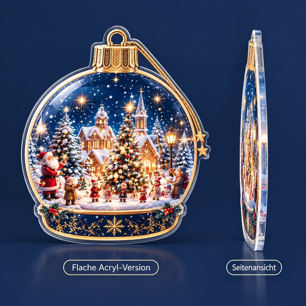 Flache Acryl-Variante eines Ornaments mit winterlichem Dorfmotiv in Frontansicht, daneben dieselbe Kugel in der 4