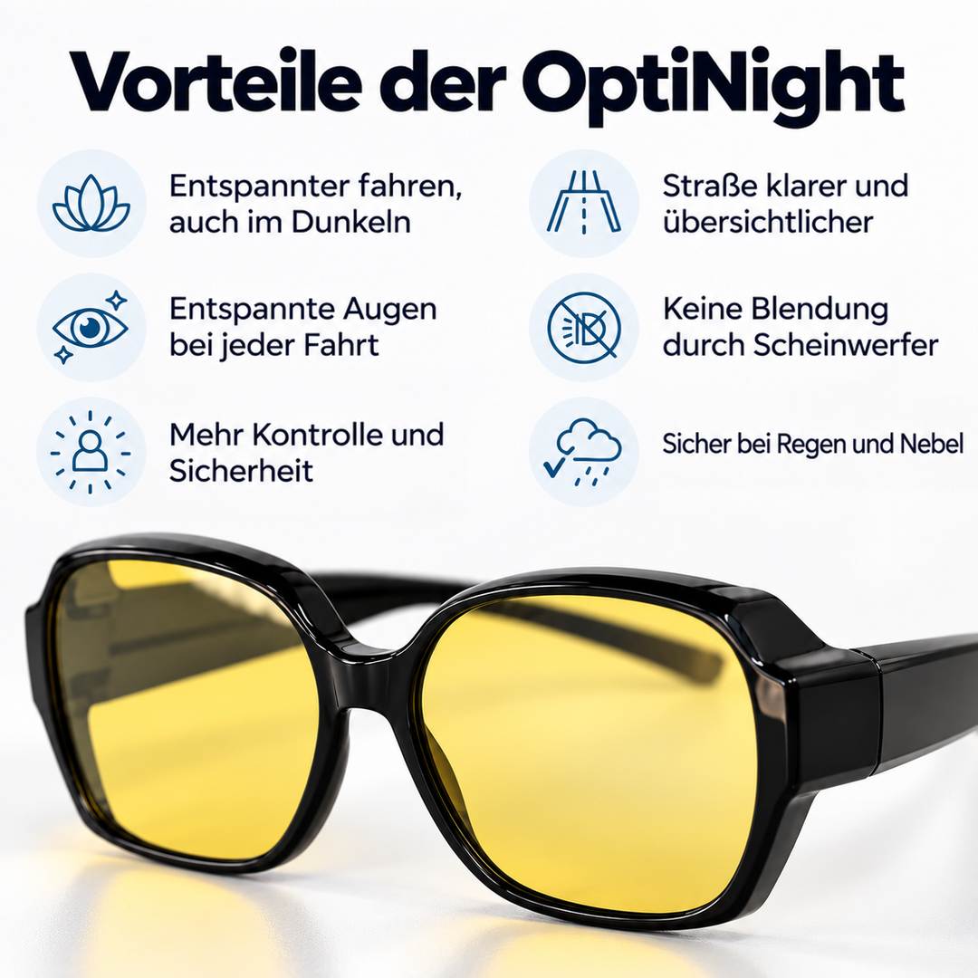 Überzieh-Nachtbrille mit gelben Gläsern, darüber sechs Symbole mit Vorteilen wie weniger Blendung, entspannte Augen und sichere Fahrt bei Regen und Nebel. 3