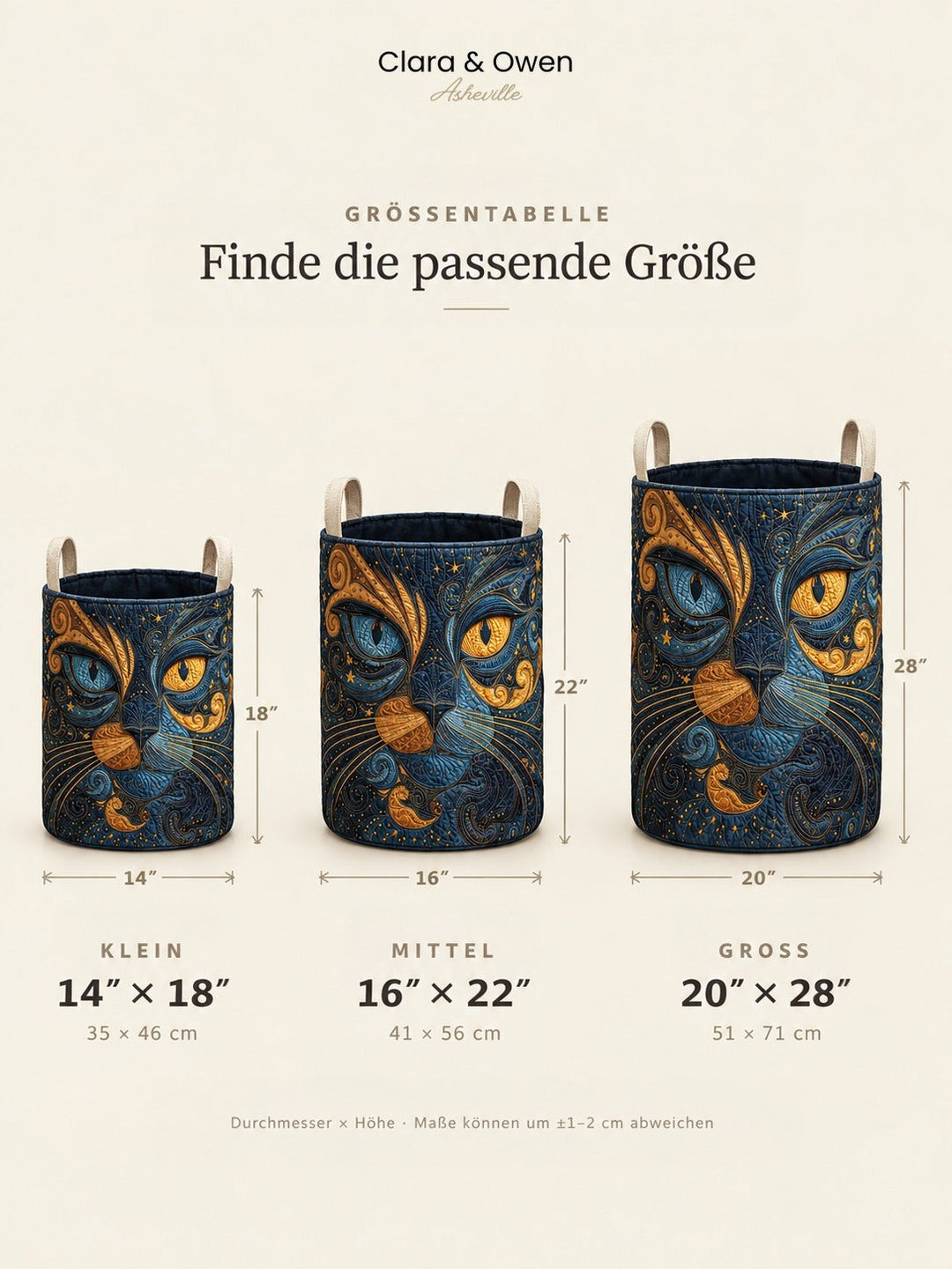 Größenübersicht mit drei Korbgrößen nebeneinander, klein, mittel und groß, jeweils mit Durchmesser und Höhe in Zoll und Zentimetern. 5