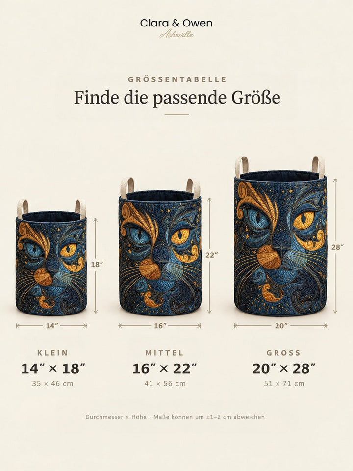 Größenübersicht mit drei Korbgrößen nebeneinander, klein, mittel und groß, jeweils mit Durchmesser und Höhe in Zoll und Zentimetern. 5