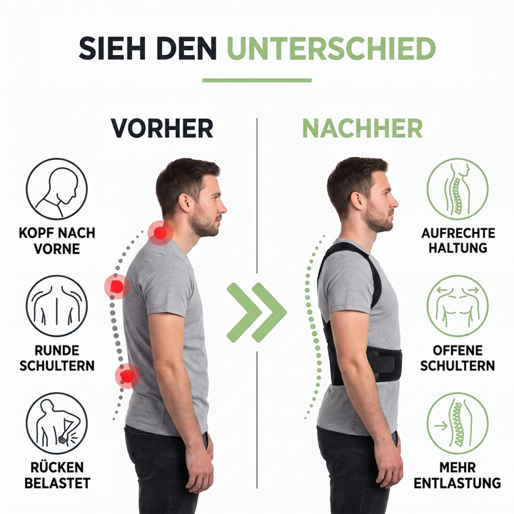 Vorher-Nachher-Grafik: Seitenansicht eines Mannes mit rundem Rücken links und aufrechter Haltung mit schwarzer Rückenstütze rechts. 3