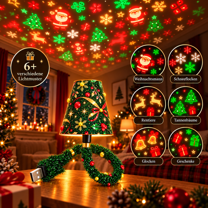 Lampe auf einem Tisch, darüber leuchtende Deckenmuster, daneben sechs Kreise mit den Motiven Weihnachtsmann, Schneeflocken, Rentiere, Tannenbäume, Glocken und G 4