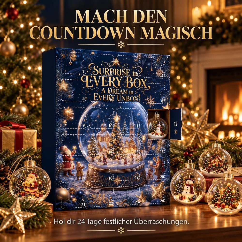 Kalenderschachtel mit geöffnetem Türchen und sichtbarer Schneemann-Kugel, daneben mehrere Ornamente vor Kamin und 3