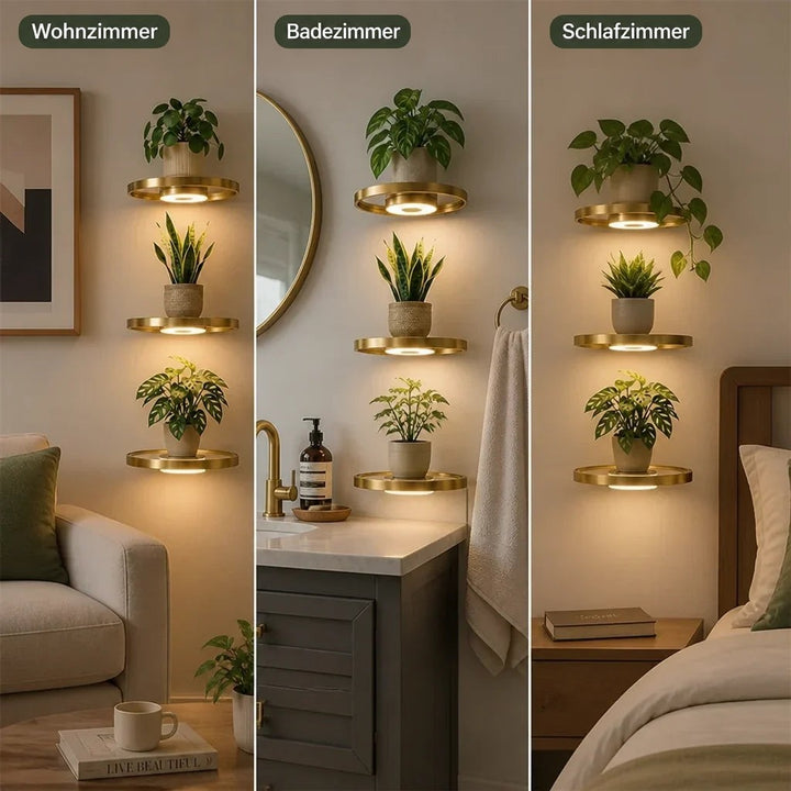 Dreigeteiltes Bild zeigt die goldenen Leuchtregale mit Pflanzen im Wohnzimmer, im Badezimmer neben Spiegel und Waschtisch und im Schlafzimmer am Bett. 5