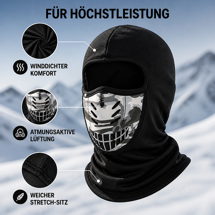 Sturmhaube schräg von vorn mit eingekreisten Detailansichten von Stoff, Belüftungsöffnungen und weicher, dehnbarer Naht. 4