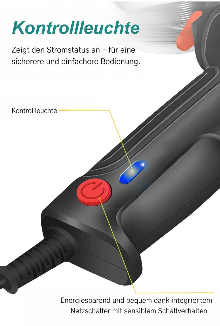 Nahaufnahme von blauer Kontrollleuchte und rotem Ein-Aus-Schalter am Griff des Geräts 5