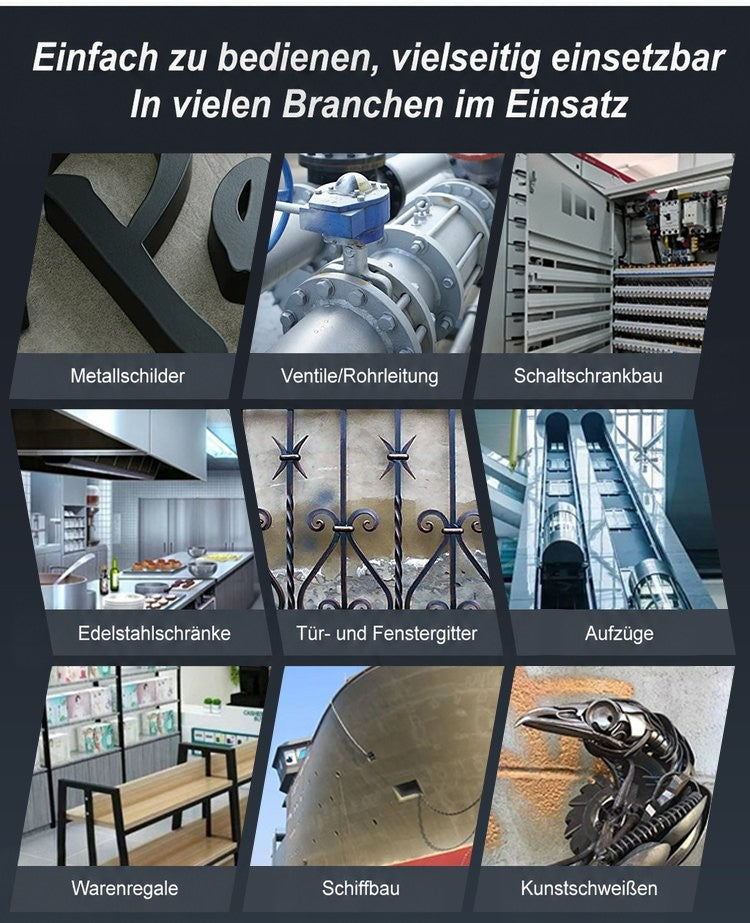 Collage mit Einsatzbereichen wie Rohrleitungen, Schaltschränken, Geländern, Aufzug, Regalen, Schiffbau und Metallkunst 4