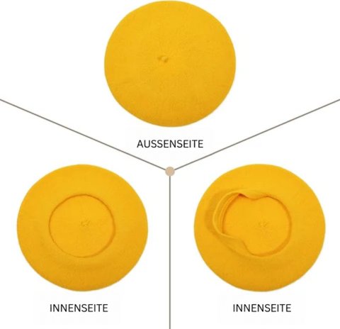 Gelbes Barett in drei Ansichten: von außen, innen und innen mit umgeschlagenem Rand 12