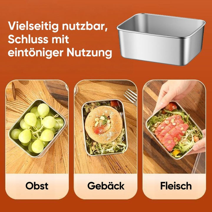 Leere Edelstahlbox oben, darunter drei Beispiele für die Nutzung: Trauben, ein belegtes Gebäckstück mit Salat und Lachs mit Salat. 6