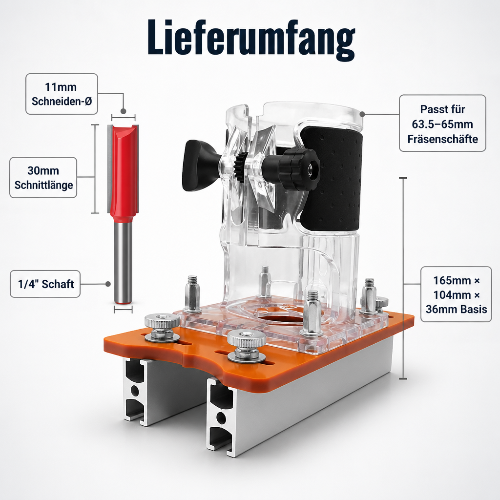 Lieferumfang: Schablone mit Aluminium-Schienen und Acrylhalterung sowie ein roter Nutfräser mit 1/4-Zoll-Schaft, Maße als Beschriftung eingezeichnet. 7