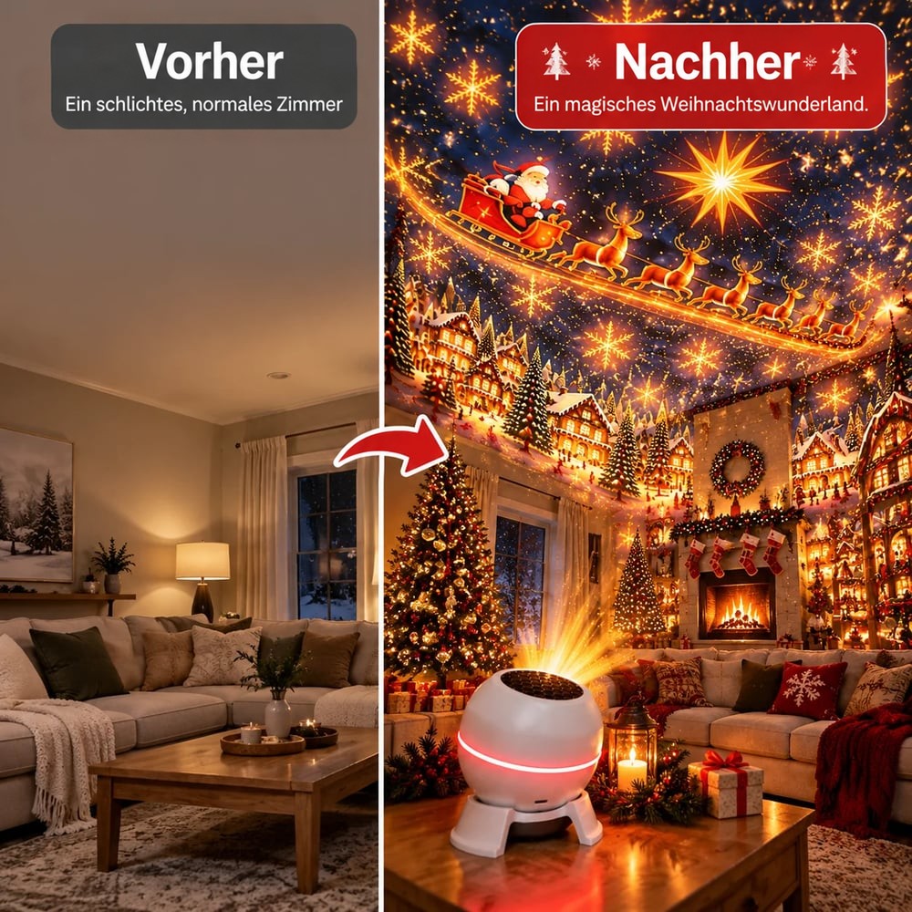 Vorher-nachher-Vergleich eines Wohnzimmers: links schlicht, rechts mit Weihnachtsmotiven an Wänden und Decke durch den 3