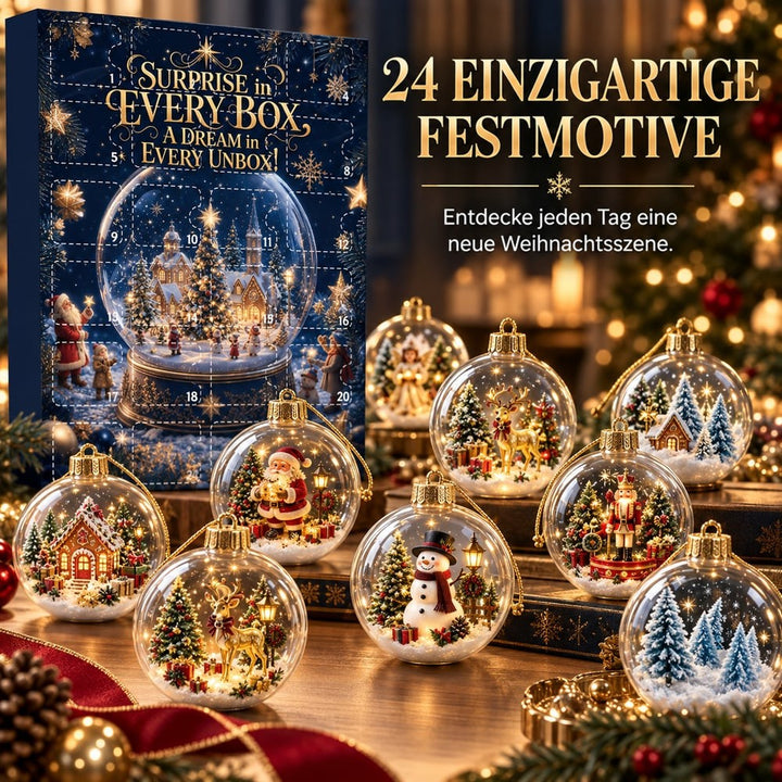 Dunkelblaue Kalenderschachtel mit Schneekugel-Motiv, davor acht durchsichtige Kugeln mit Weihnachtsszenen wie Weihnachtsmann 1