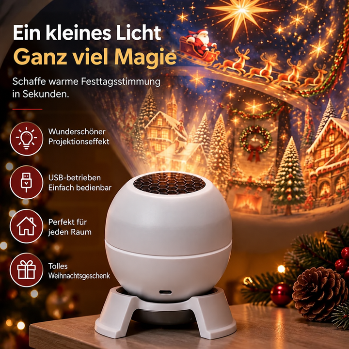 Projektor mit Wabenöffnung und Standfuß vor einer Weihnachtsprojektion, daneben vier Symbole zu Projektion, USB-Betrieb 4