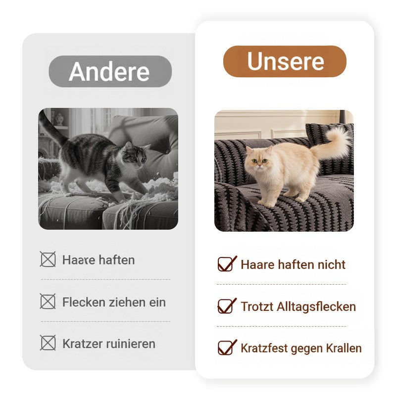 Vergleichsgrafik: Katze auf zerkratztem Sofa links, Katze auf unversehrtem gemustertem Sofabezug rechts 4