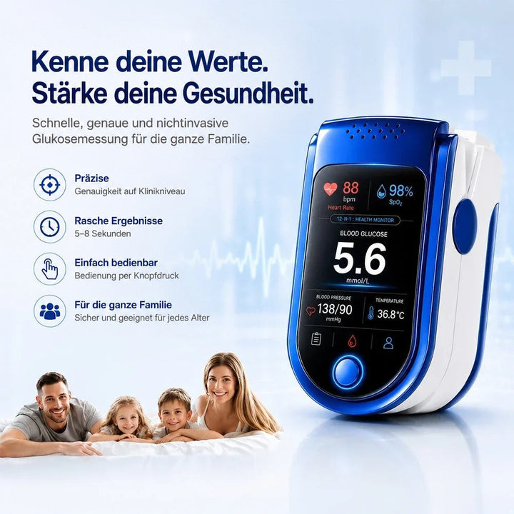 Messgerät mit Farbdisplay, darunter eine lächelnde Familie mit zwei Kindern auf einem Bett, daneben vier Funktionssymbole. 5