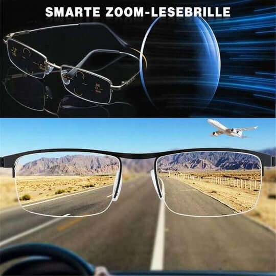 Collage mit Metallbrille oben und Blick durch die Gläser auf eine Wüstenstraße mit Flugzeug 4